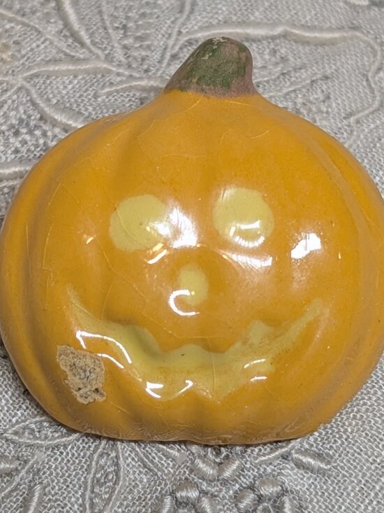 Jewelry - Vintage Ceramic Jack O Lantern Pumpkin Brooch Pin Halloween Glazed Orange